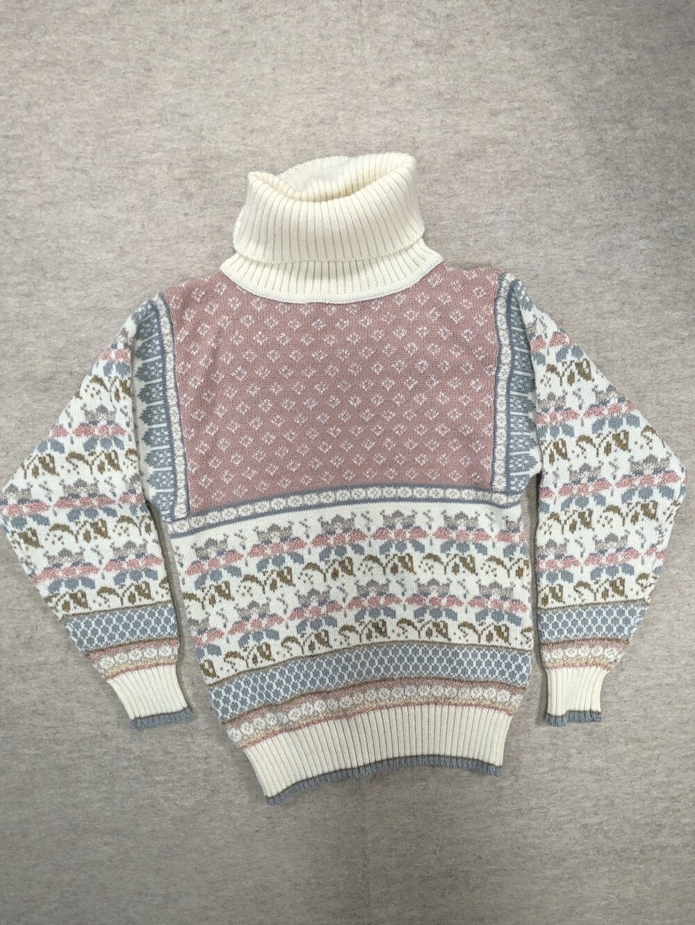 Vintage Dusty Rose Cream Blue Knit Sweater Turtle Neck Cozy Coastal Grandma M
